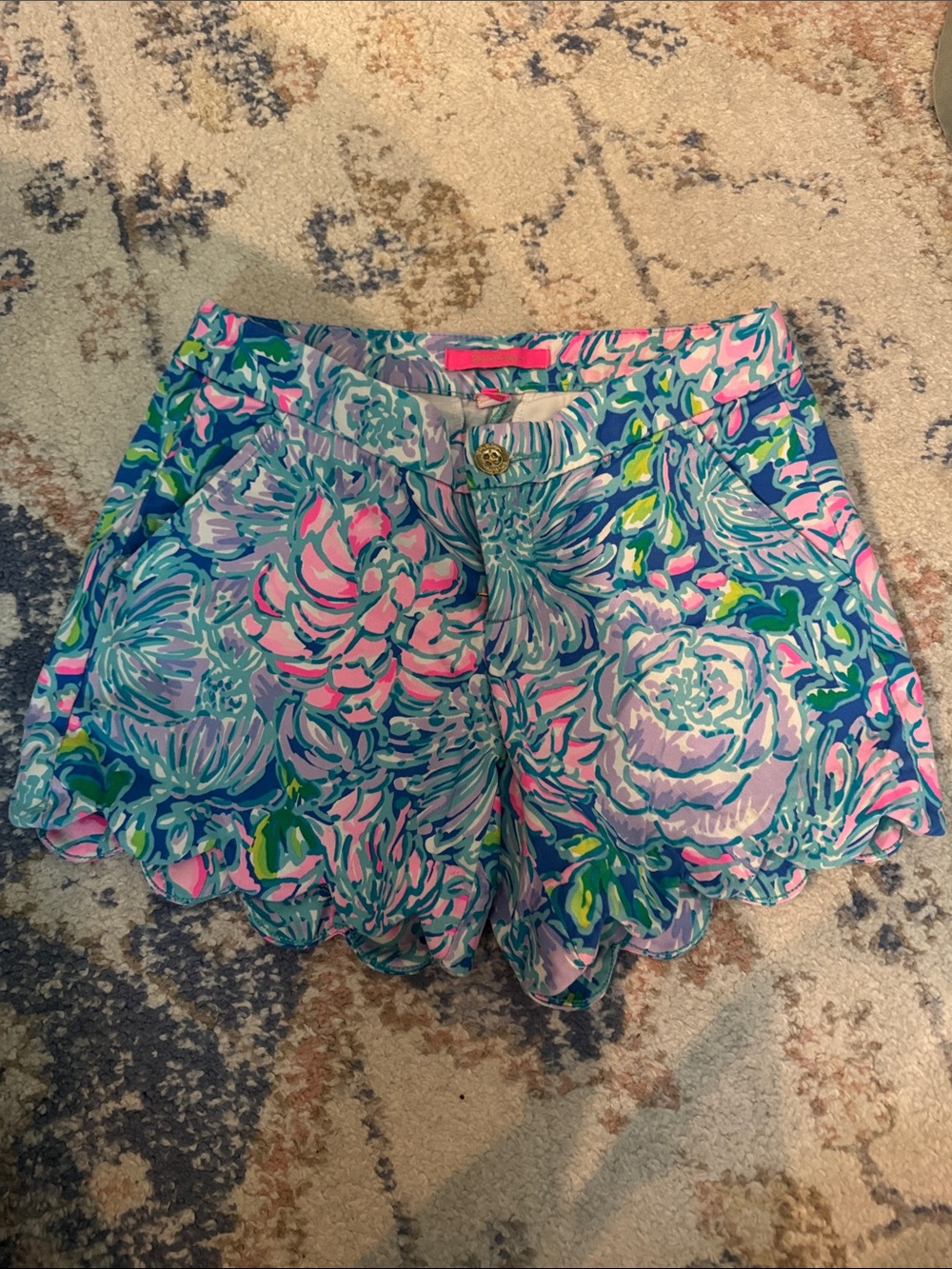 Lilly Pulitzer Pink, Blue & Green Floral Scallop Hem Shorts